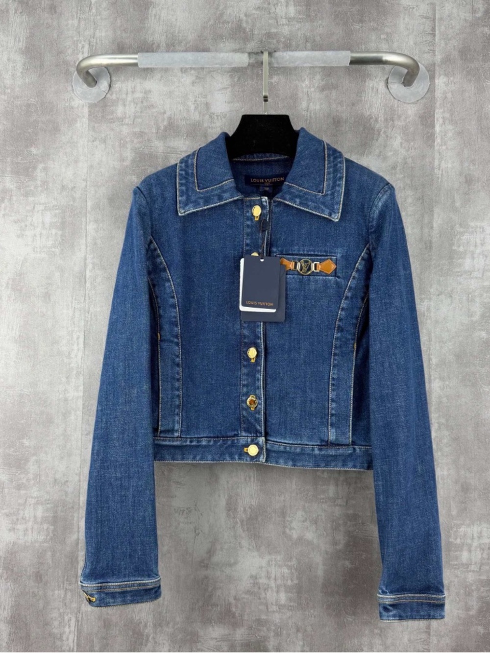 Authentic Louis Vuitton Blue Denim Cropped Jacket with Gold Hardware